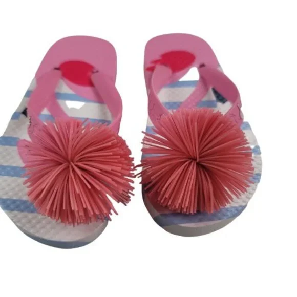 Joules Pom Pom Pink Flamingo Striped Flip Flops - Picture 6 of 7